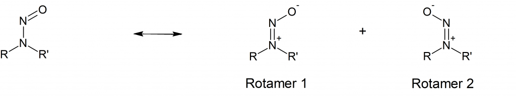 From left to right are: taditional representation of N-nitrosamine structure and rotameric structures 